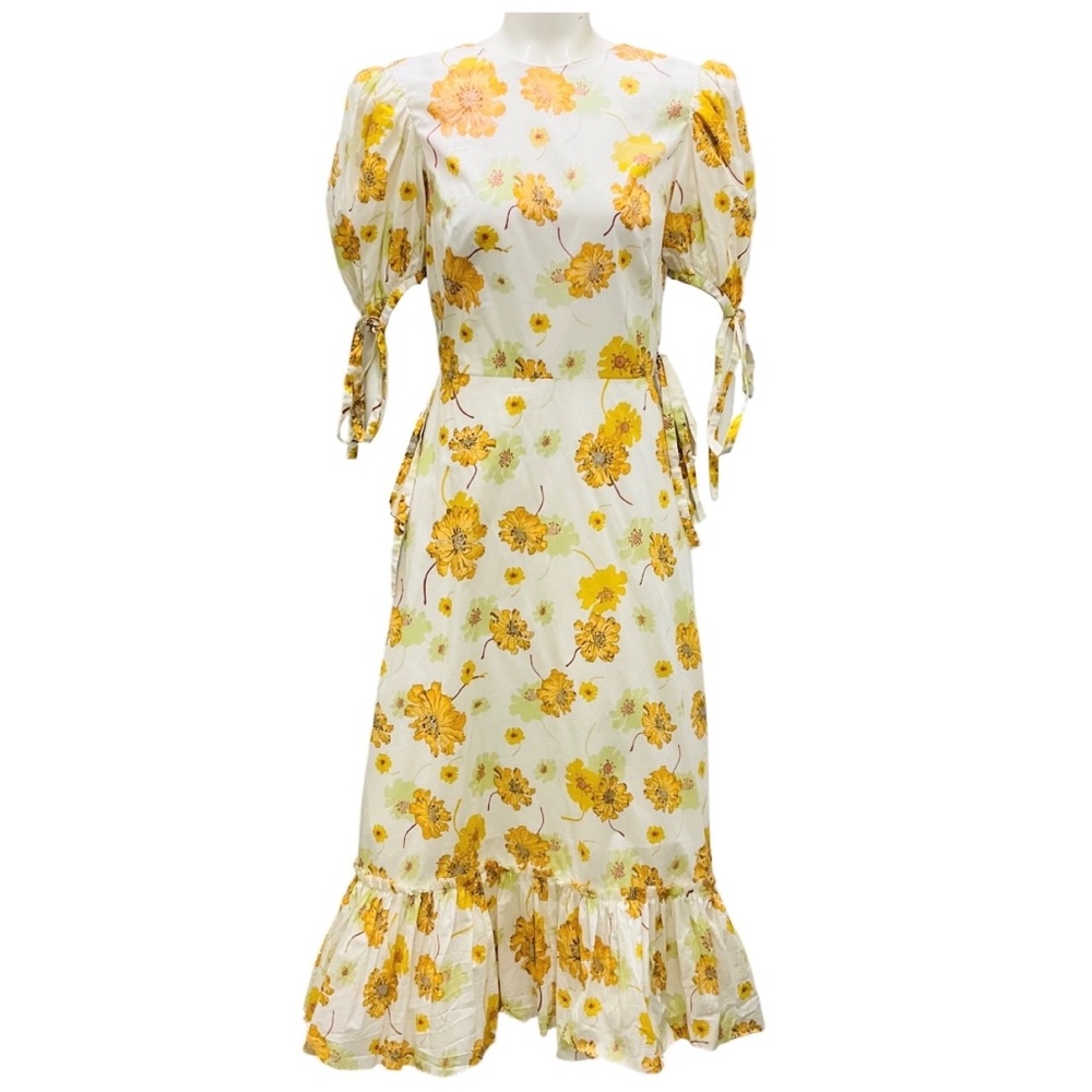 THE VAMPIRE'S WIFE WHITE / YELLOW FLORAL COTTON MIDI FRILL SEEKER DRESS